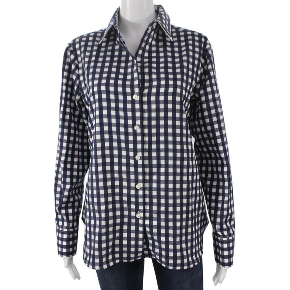 Hinson Wu Women Basic Blue Cotton Collared Check Long Sleeve Button-Up Size S